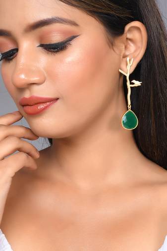 Gold plated green stone long  earring