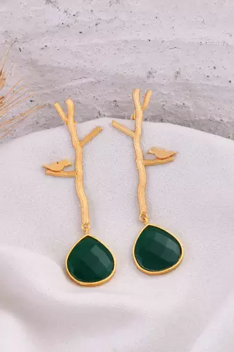 Gold plated green stone long  earring