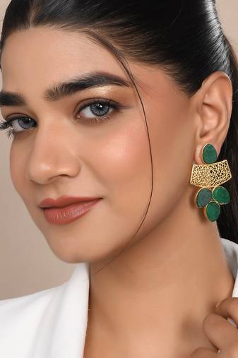 Gold plated green stone drop earring