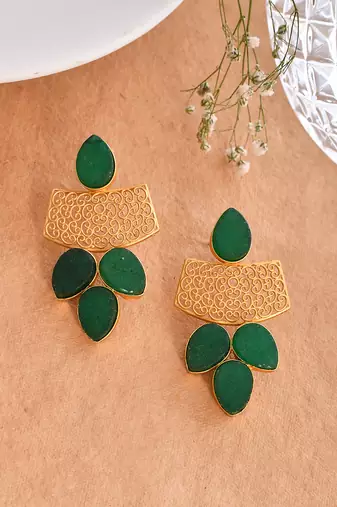 Gold plated green stone drop earring
