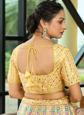 Yellow Sequins Zari And Thread Embroidered Heavy Dola Silk With Heavy Fusing Wedding Designer Lehenga 5