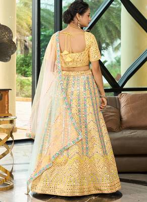 Yellow Sequins Zari And Thread Embroidered Heavy Dola Silk With Heavy Fusing Wedding Designer Lehenga 6