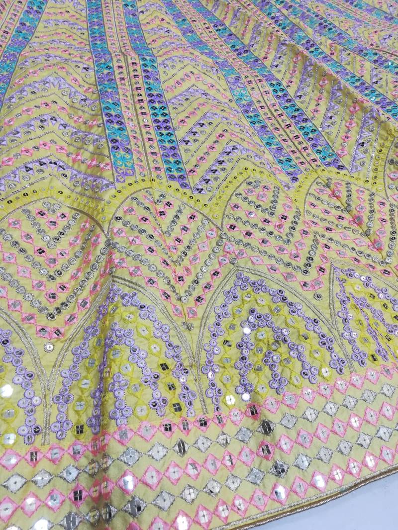Yellow Sequins Zari And Thread Embroidered Heavy Dola Silk With Heavy Fusing Wedding Designer Lehenga