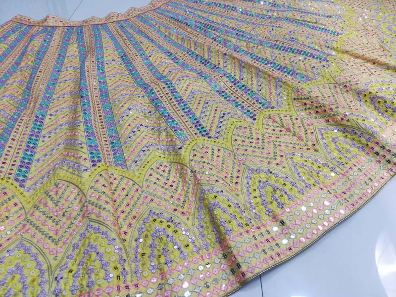Yellow Sequins Zari And Thread Embroidered Heavy Dola Silk With Heavy Fusing Wedding Designer Lehenga