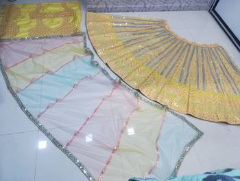 Yellow Sequins Zari And Thread Embroidered Heavy Dola Silk With Heavy Fusing Wedding Designer Lehenga 11