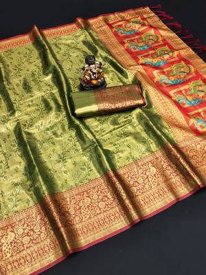 Koram Mahendi Pure Kanjivaram Soft Silk Weaving Borders Havy Design Saree With Blouse For Women 1