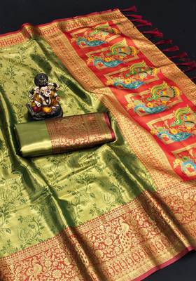 Koram Mahendi Pure Kanjivaram Soft Silk Weaving Borders Havy Design Saree With Blouse For Women 2