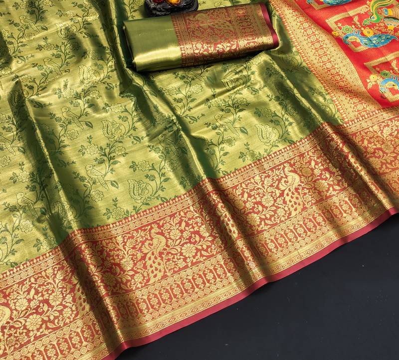 Koram Mahendi Pure Kanjivaram Soft Silk Weaving Borders Havy Design Saree With Blouse For Women