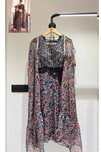 Blue Hand Embellished Georgette Designer IndoWestern