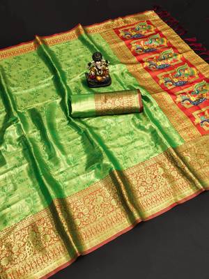 Koram Green Pure Kanjivaram Soft Silk Weaving Borders Havy Design Saree With Blouse For Women 1