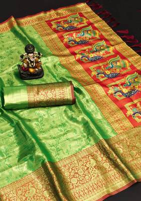 Koram Green Pure Kanjivaram Soft Silk Weaving Borders Havy Design Saree With Blouse For Women 2