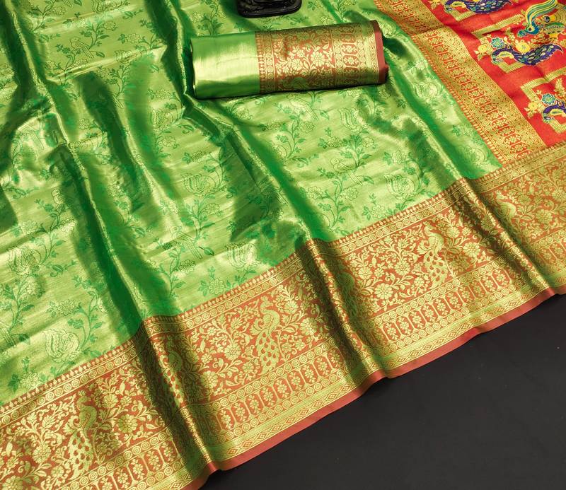 Koram Green Pure Kanjivaram Soft Silk Weaving Borders Havy Design Saree With Blouse For Women