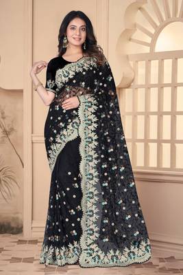 Black Sequin Zari Resham Stone Embroidered Border Net Party Wear Saree With Matching Blouse Piece 1