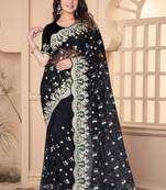 Black Sequin Zari Resham Stone Embroidered Border Net Party Wear Saree With Matching Blouse Piece
