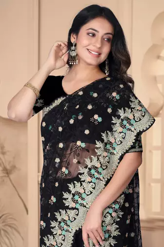 Black Sequin Zari Resham Stone Embroidered Border Net Party Wear Saree With Matching Blouse Piece