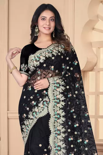 Black Sequin Zari Resham Stone Embroidered Border Net Party Wear Saree With Matching Blouse Piece