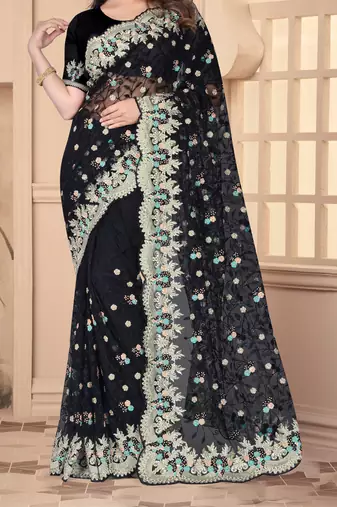 Black Sequin Zari Resham Stone Embroidered Border Net Party Wear Saree With Matching Blouse Piece
