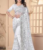 White Sequin Zari Resham Stone Embroidered Border Net Party Wear Saree With Matching Blouse Piece