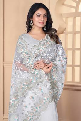 White Sequin Zari Resham Stone Embroidered Border Net Party Wear Saree With Matching Blouse Piece 2
