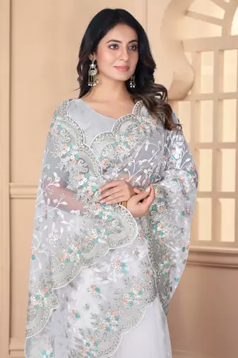 White Sequin Zari Resham Stone Embroidered Border Net Party Wear Saree With Matching Blouse Piece