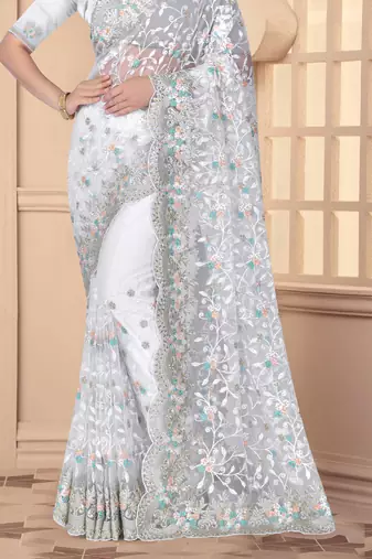 White Sequin Zari Resham Stone Embroidered Border Net Party Wear Saree With Matching Blouse Piece