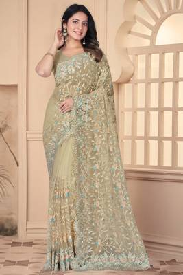 Beige Sequin Zari Resham Stone Embroidered Border Net Party Wear Saree With Matching Blouse Piece 1