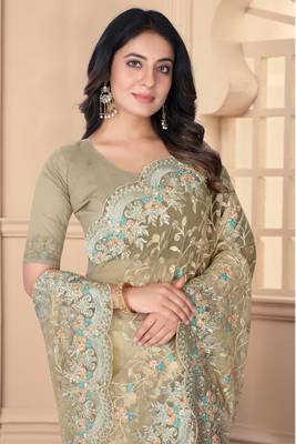 Beige Sequin Zari Resham Stone Embroidered Border Net Party Wear Saree With Matching Blouse Piece 2