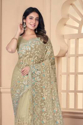 Beige Sequin Zari Resham Stone Embroidered Border Net Party Wear Saree With Matching Blouse Piece 3
