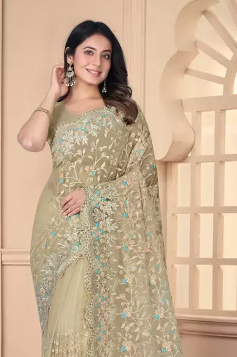 Beige Sequin Zari Resham Stone Embroidered Border Net Party Wear Saree With Matching Blouse Piece