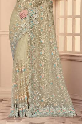 Beige Sequin Zari Resham Stone Embroidered Border Net Party Wear Saree With Matching Blouse Piece 4