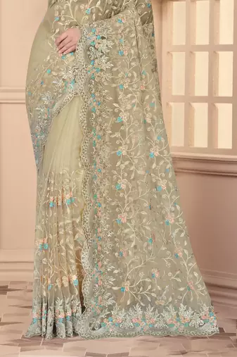 Beige Sequin Zari Resham Stone Embroidered Border Net Party Wear Saree With Matching Blouse Piece