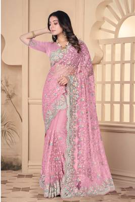 Pink Sequin Zari Resham Stone Embroidered Border Net Party Wear Saree With Matching Blouse Piece 1