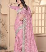 Pink Sequin Zari Resham Stone Embroidered Border Net Party Wear Saree With Matching Blouse Piece