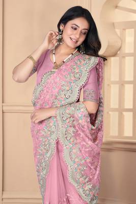 Pink Sequin Zari Resham Stone Embroidered Border Net Party Wear Saree With Matching Blouse Piece 2