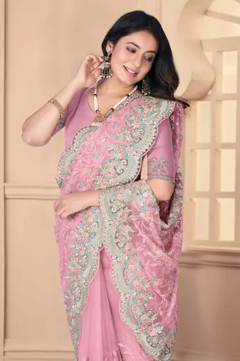 Pink Sequin Zari Resham Stone Embroidered Border Net Party Wear Saree With Matching Blouse Piece