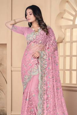 Pink Sequin Zari Resham Stone Embroidered Border Net Party Wear Saree With Matching Blouse Piece 3