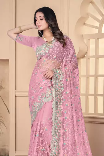 Pink Sequin Zari Resham Stone Embroidered Border Net Party Wear Saree With Matching Blouse Piece