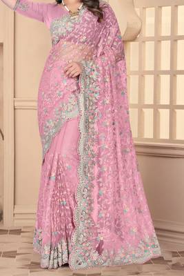 Pink Sequin Zari Resham Stone Embroidered Border Net Party Wear Saree With Matching Blouse Piece 4