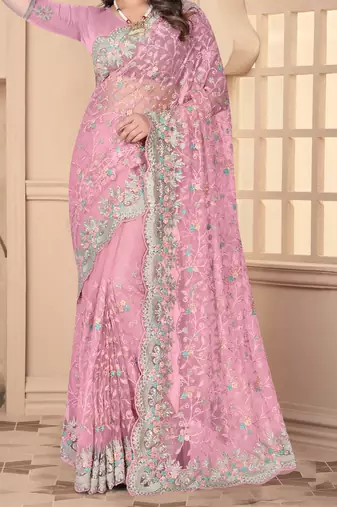 Pink Sequin Zari Resham Stone Embroidered Border Net Party Wear Saree With Matching Blouse Piece