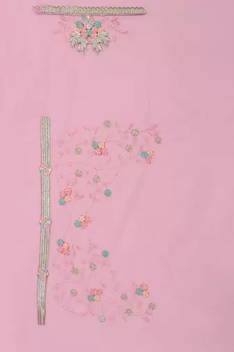 Pink Sequin Zari Resham Stone Embroidered Border Net Party Wear Saree With Matching Blouse Piece