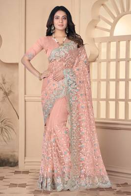 Peach Sequin Zari Resham Stone Embroidered Border Net Party Wear Saree With Matching Blouse Piece 1