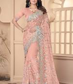 Peach Sequin Zari Resham Stone Embroidered Border Net Party Wear Saree With Matching Blouse Piece