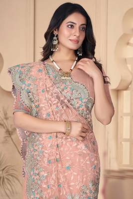 Peach Sequin Zari Resham Stone Embroidered Border Net Party Wear Saree With Matching Blouse Piece 2