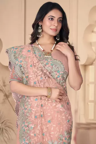 Peach Sequin Zari Resham Stone Embroidered Border Net Party Wear Saree With Matching Blouse Piece
