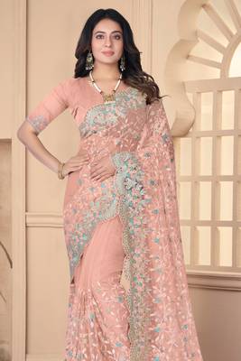 Peach Sequin Zari Resham Stone Embroidered Border Net Party Wear Saree With Matching Blouse Piece 3