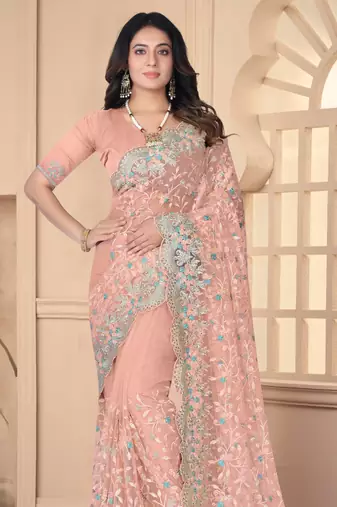 Peach Sequin Zari Resham Stone Embroidered Border Net Party Wear Saree With Matching Blouse Piece