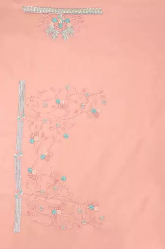 Peach Sequin Zari Resham Stone Embroidered Border Net Party Wear Saree With Matching Blouse Piece