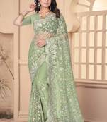 Green Sequin Zari Resham Stone Embroidered Border Net Party Wear Saree With Matching Blouse Piece