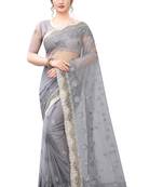 Grey Zari Resham Moti Stone Embroidered Net Party Wear Saree With Blouse Piece