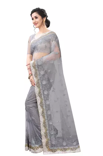 Grey Zari Resham Moti Stone Embroidered Net Party Wear Saree With Blouse Piece